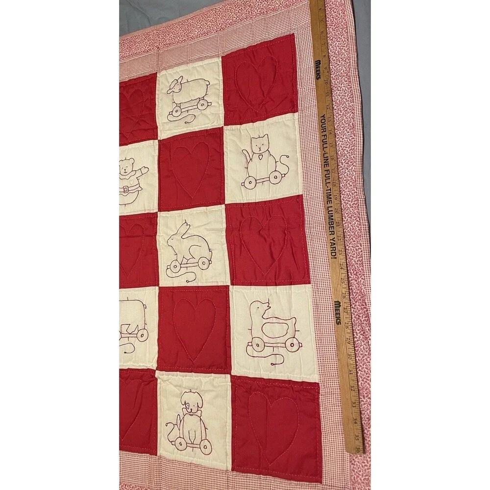 10 Panel Embroidered Gingham Heirloom Quality Baby Blanket Quilt 43.5 X 34.5”
